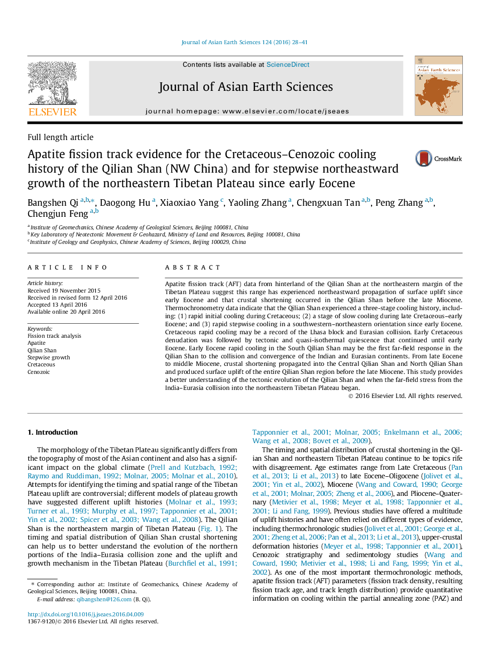 Apatite fission track evidence for the Cretaceous–Cenozoic cooling history of the Qilian Shan (NW China) and for stepwise northeastward growth of the northeastern Tibetan Plateau since early Eocene