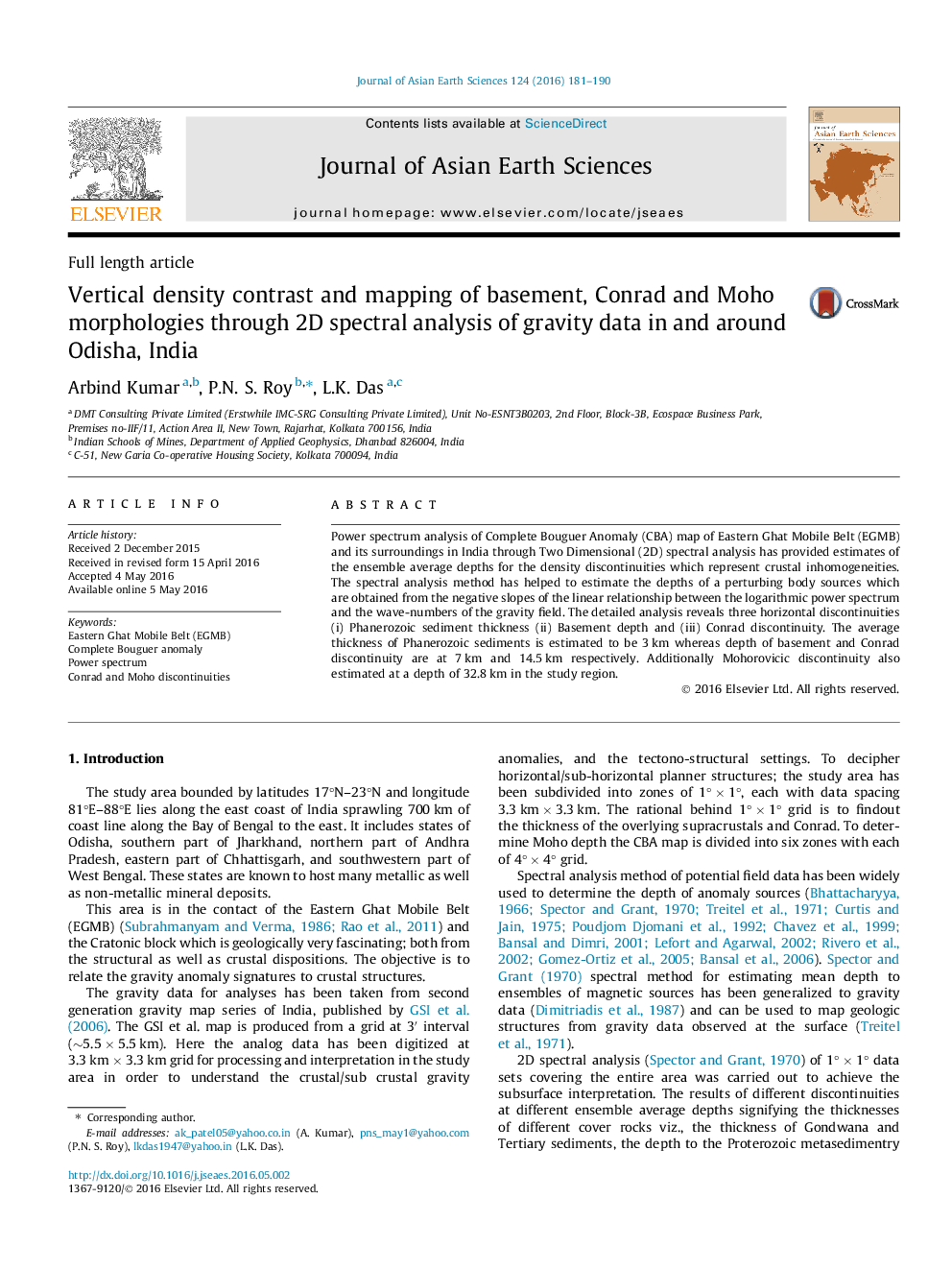 Vertical density contrast and mapping of basement, Conrad and Moho morphologies through 2D spectral analysis of gravity data in and around Odisha, India