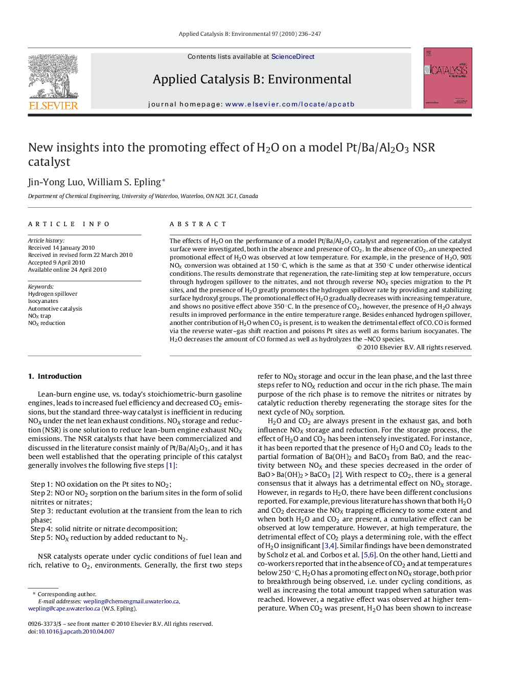 New insights into the promoting effect of H2O on a model Pt/Ba/Al2O3 NSR catalyst