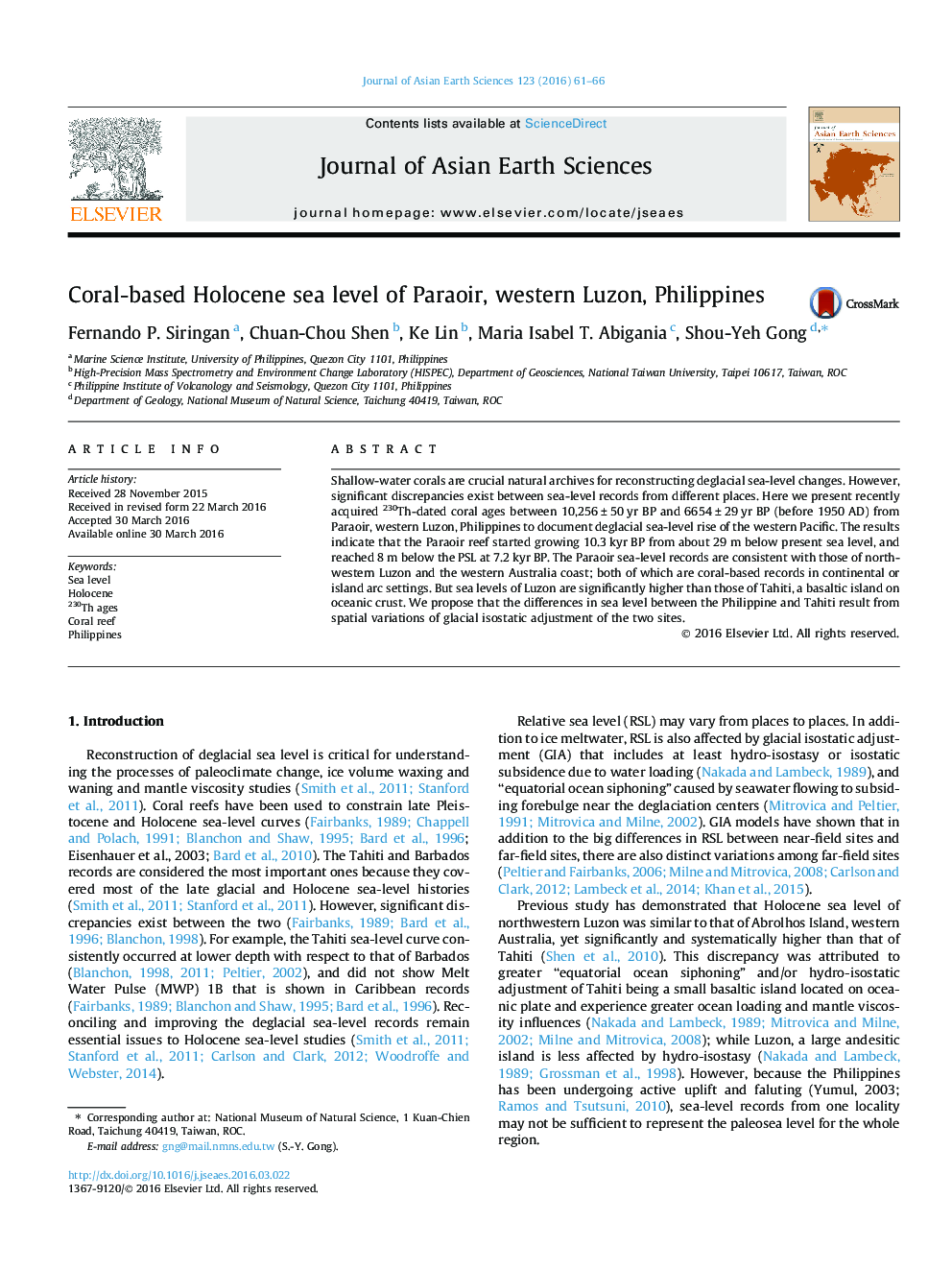 Coral-based Holocene sea level of Paraoir, western Luzon, Philippines