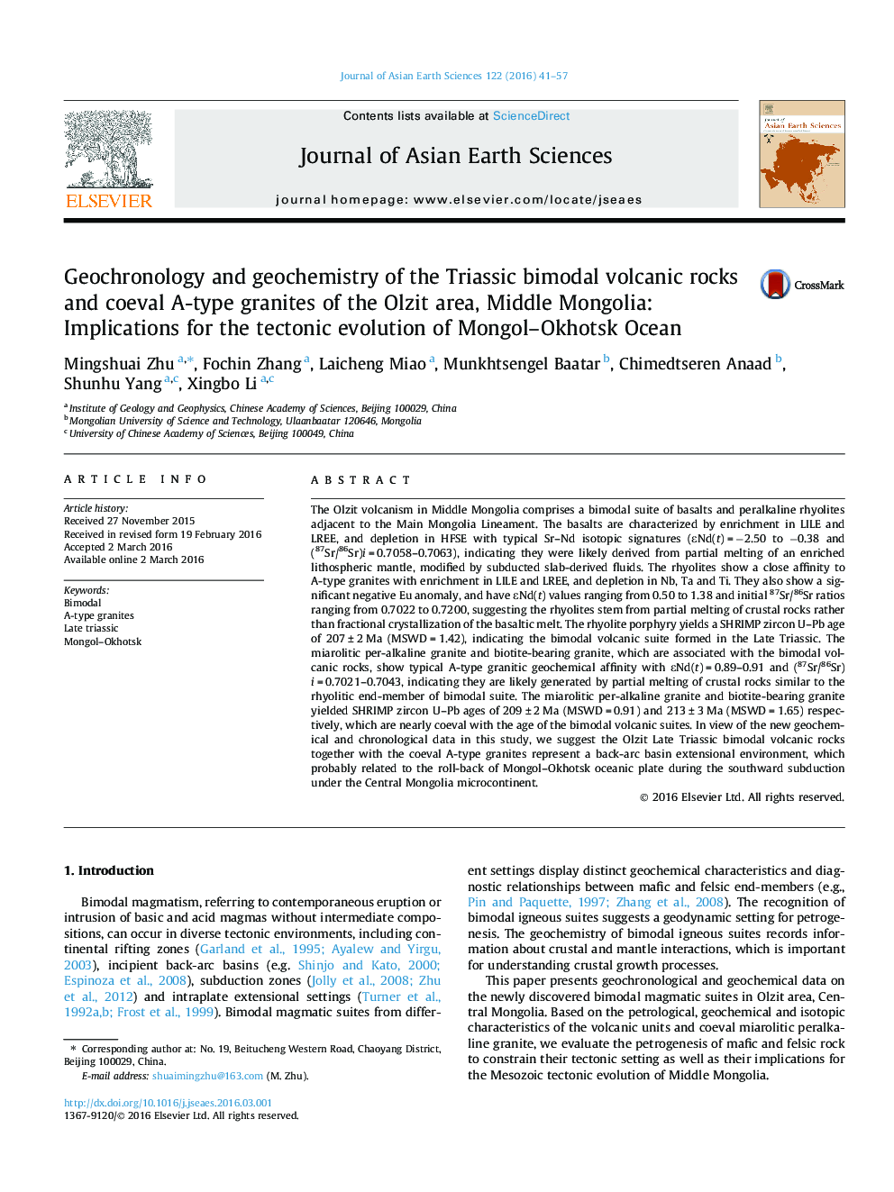 Geochronology and geochemistry of the Triassic bimodal volcanic rocks and coeval A-type granites of the Olzit area, Middle Mongolia: Implications for the tectonic evolution of Mongol–Okhotsk Ocean