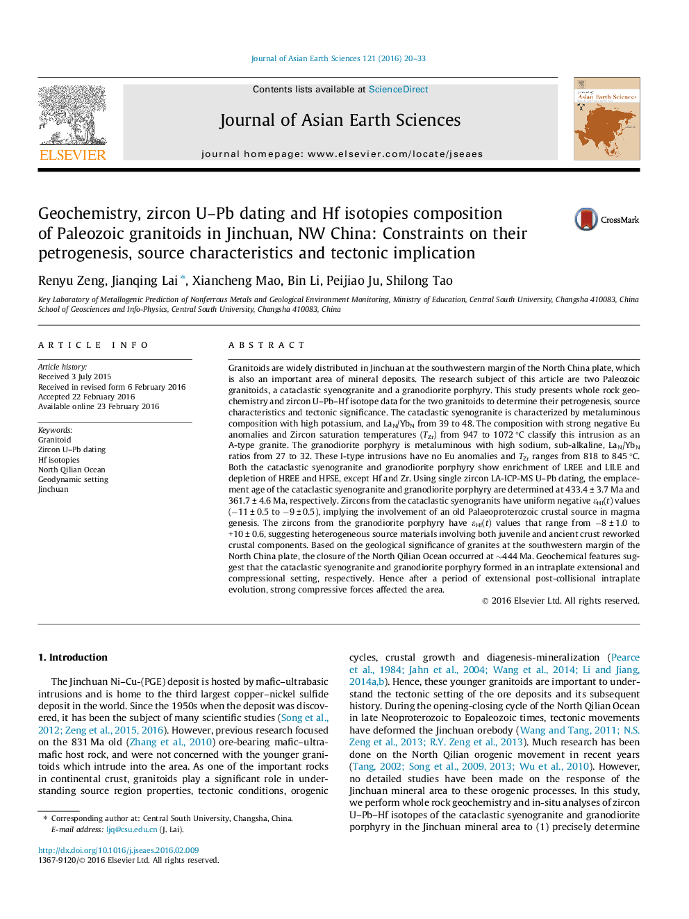 Geochemistry, zircon U–Pb dating and Hf isotopies composition of Paleozoic granitoids in Jinchuan, NW China: Constraints on their petrogenesis, source characteristics and tectonic implication