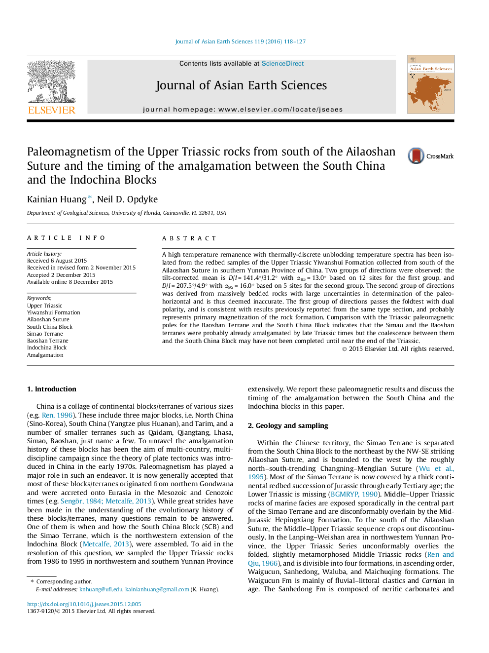 Paleomagnetism of the Upper Triassic rocks from south of the Ailaoshan Suture and the timing of the amalgamation between the South China and the Indochina Blocks