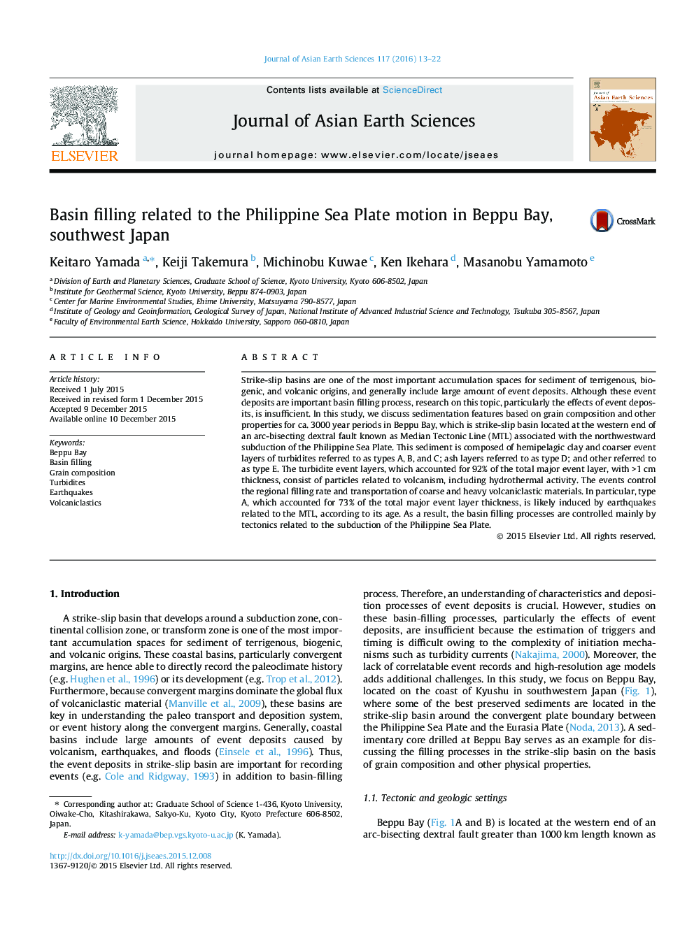 Basin filling related to the Philippine Sea Plate motion in Beppu Bay, southwest Japan