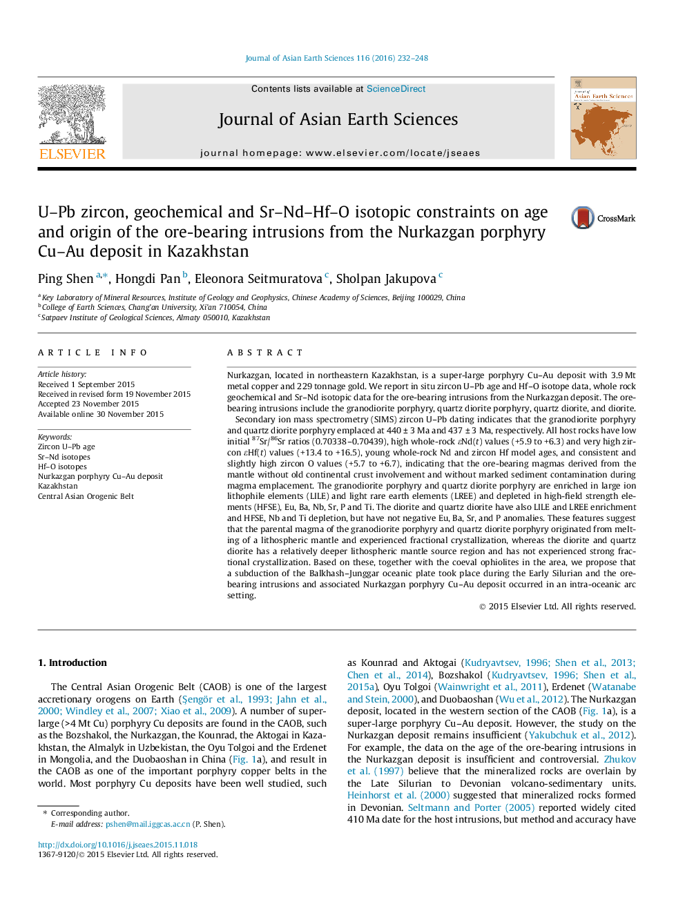 U–Pb zircon, geochemical and Sr–Nd–Hf–O isotopic constraints on age and origin of the ore-bearing intrusions from the Nurkazgan porphyry Cu–Au deposit in Kazakhstan