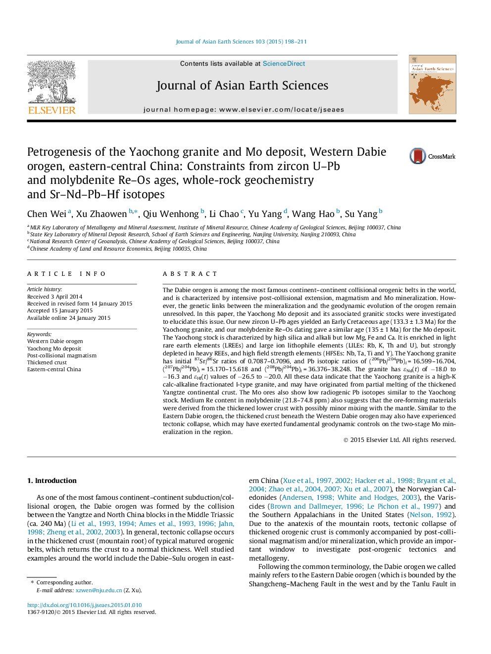 Petrogenesis of the Yaochong granite and Mo deposit, Western Dabie orogen, eastern-central China: Constraints from zircon U–Pb and molybdenite Re–Os ages, whole-rock geochemistry and Sr–Nd–Pb–Hf isotopes