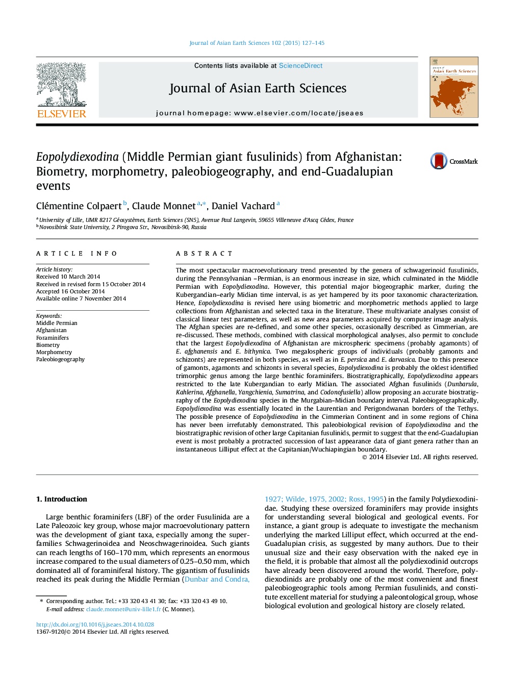 Eopolydiexodina (Middle Permian giant fusulinids) from Afghanistan: Biometry, morphometry, paleobiogeography, and end-Guadalupian events