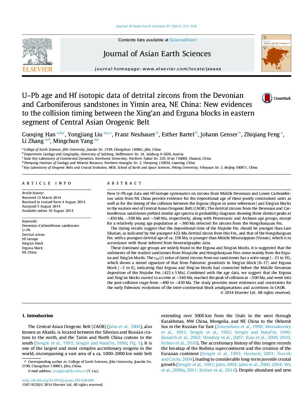 U–Pb age and Hf isotopic data of detrital zircons from the Devonian and Carboniferous sandstones in Yimin area, NE China: New evidences to the collision timing between the Xing’an and Erguna blocks in eastern segment of Central Asian Orogenic Belt