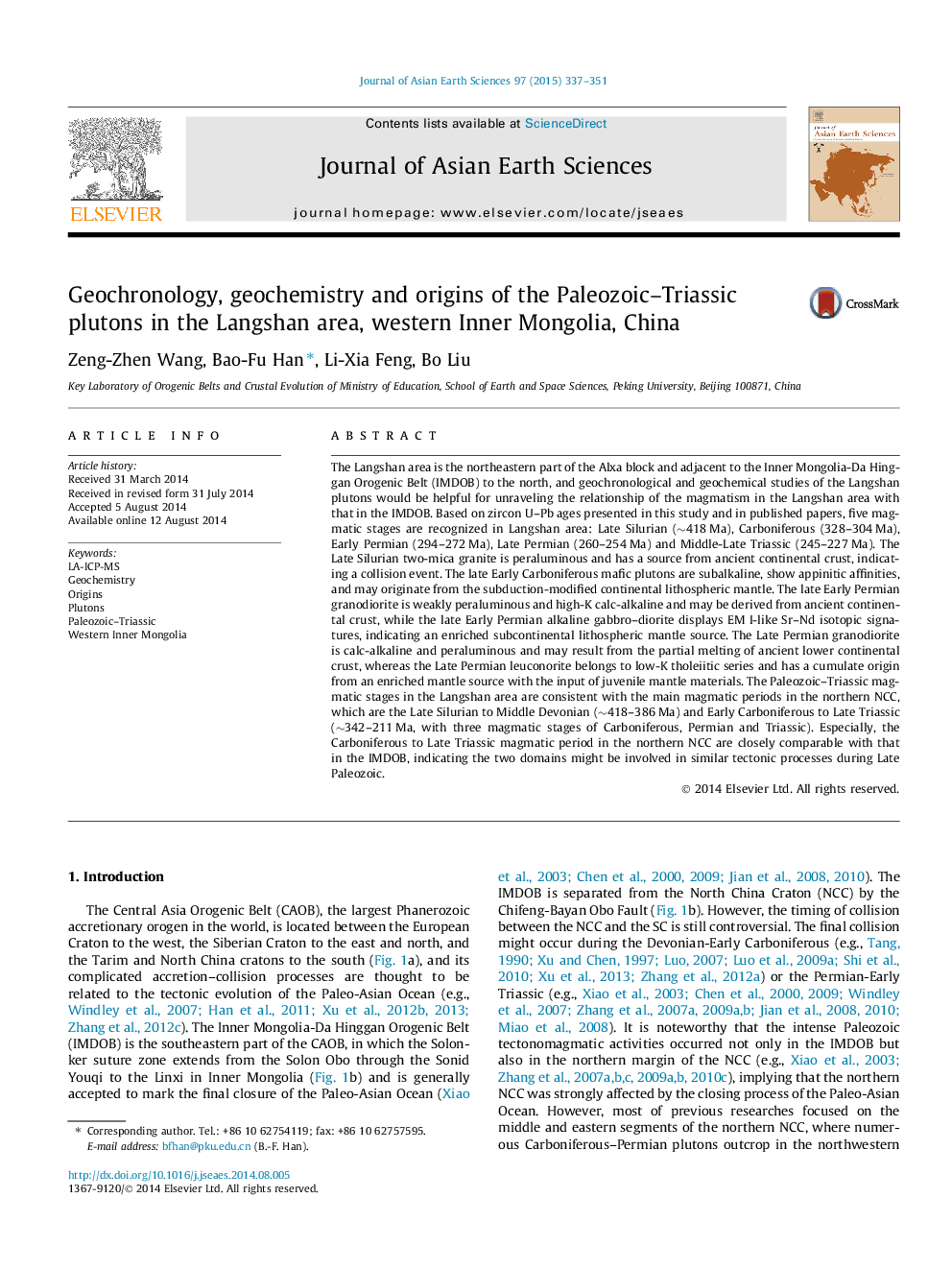 Geochronology, geochemistry and origins of the Paleozoic–Triassic plutons in the Langshan area, western Inner Mongolia, China