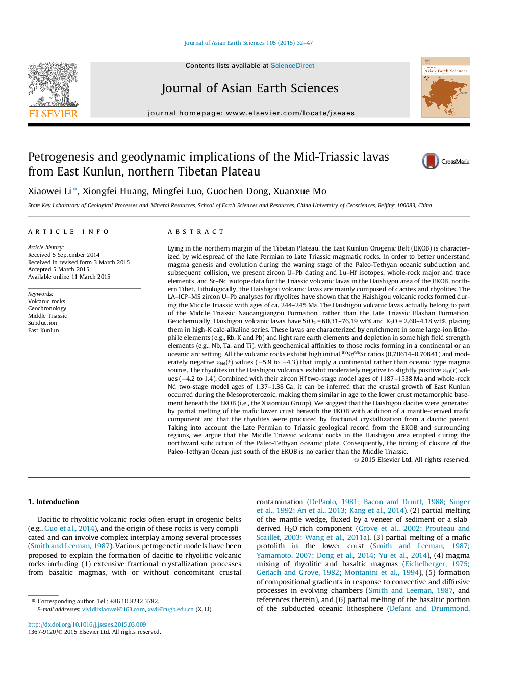 Petrogenesis and geodynamic implications of the Mid-Triassic lavas from East Kunlun, northern Tibetan Plateau