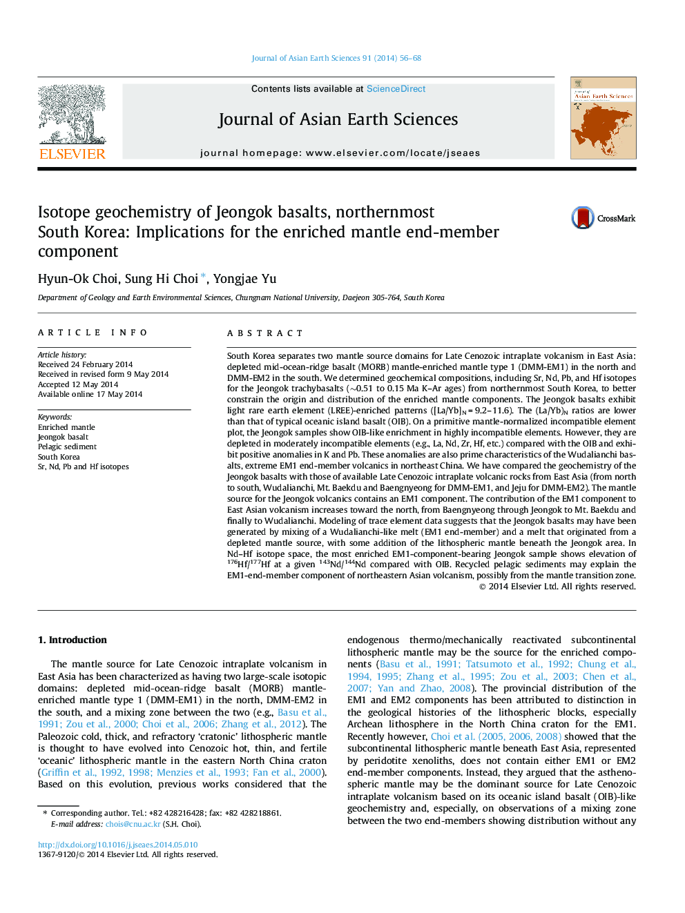 Isotope geochemistry of Jeongok basalts, northernmost South Korea: Implications for the enriched mantle end-member component