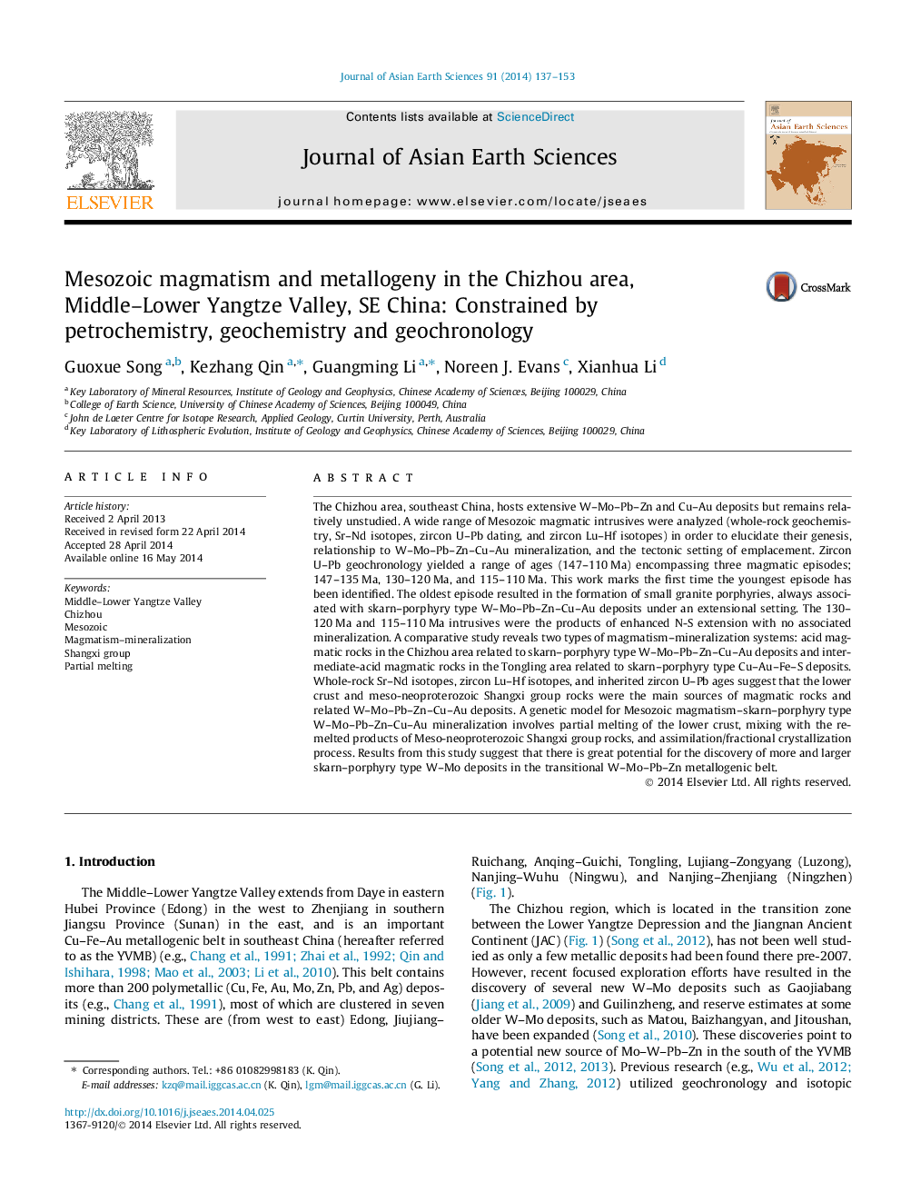 Mesozoic magmatism and metallogeny in the Chizhou area, Middle–Lower Yangtze Valley, SE China: Constrained by petrochemistry, geochemistry and geochronology