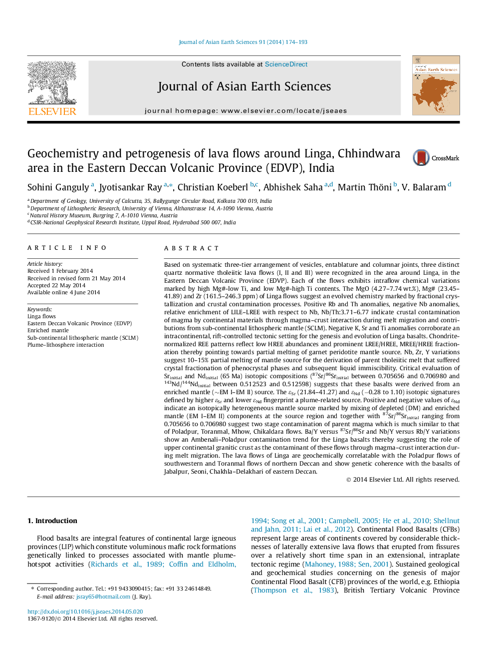 Geochemistry and petrogenesis of lava flows around Linga, Chhindwara area in the Eastern Deccan Volcanic Province (EDVP), India