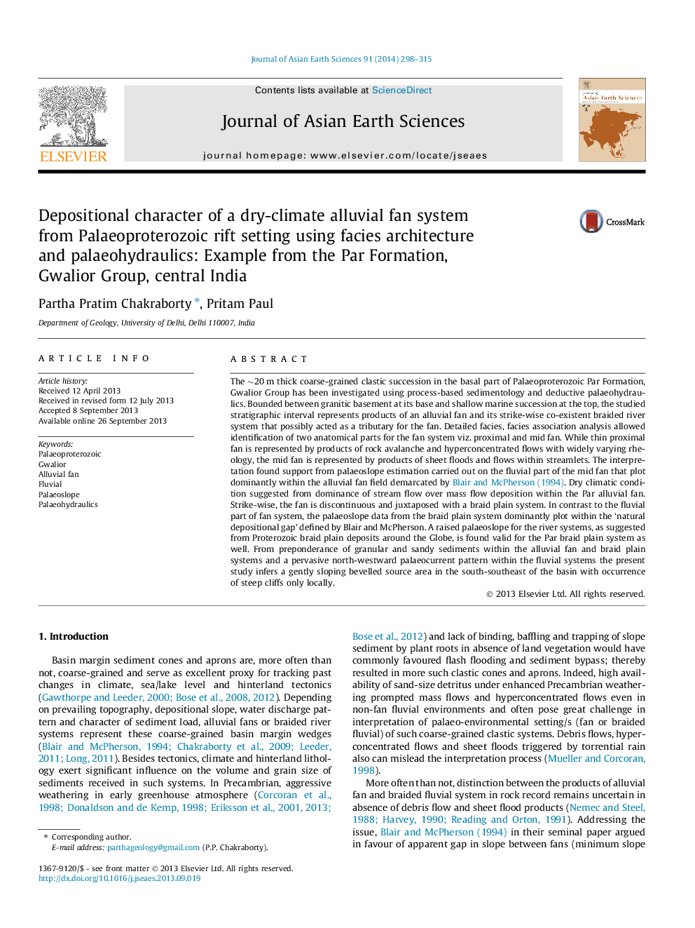 Depositional character of a dry-climate alluvial fan system from Palaeoproterozoic rift setting using facies architecture and palaeohydraulics: Example from the Par Formation, Gwalior Group, central India