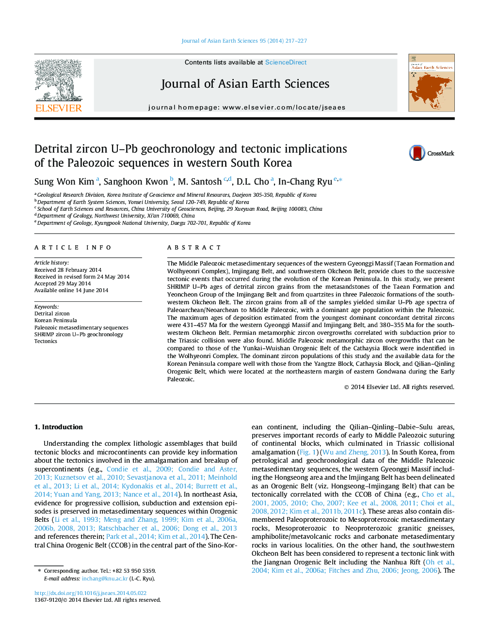 Detrital zircon U-Pb geochronology and tectonic implications of the Paleozoic sequences in western South Korea