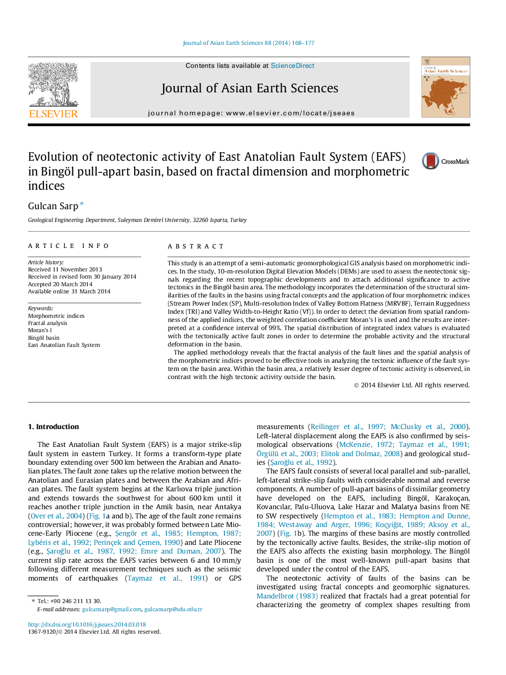 Evolution of neotectonic activity of East Anatolian Fault System (EAFS) in Bingöl pull-apart basin, based on fractal dimension and morphometric indices