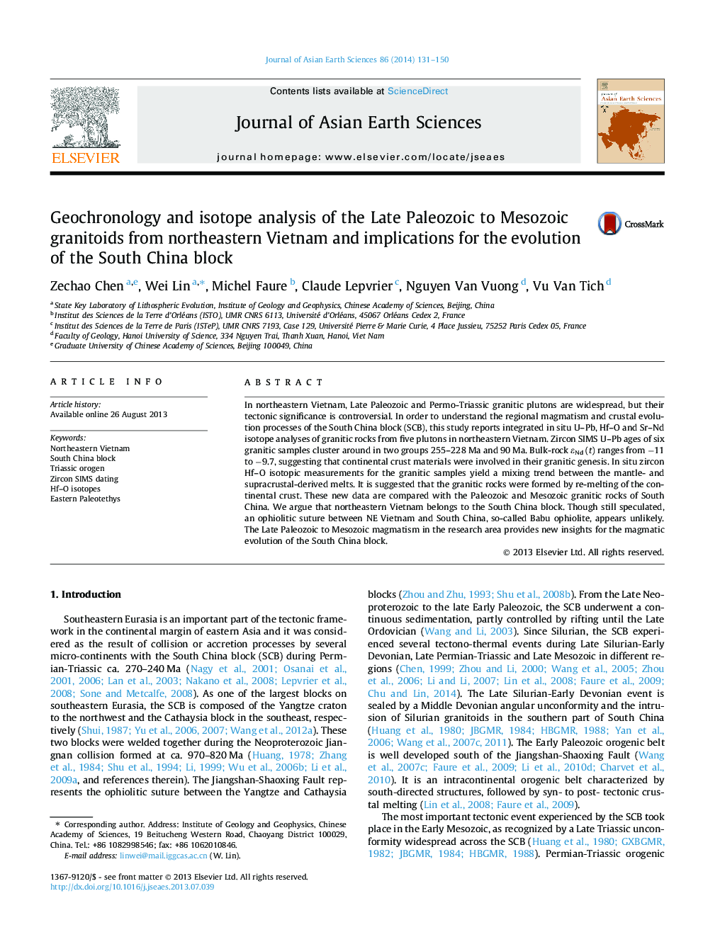 Geochronology and isotope analysis of the Late Paleozoic to Mesozoic granitoids from northeastern Vietnam and implications for the evolution of the South China block