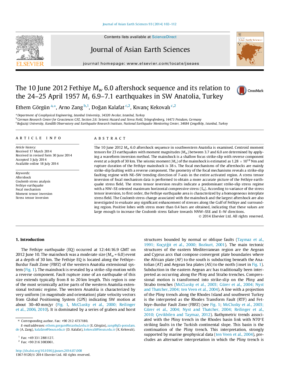 The 10 June 2012 Fethiye Mw 6.0 aftershock sequence and its relation to the 24–25 April 1957 Ms 6.9–7.1 earthquakes in SW Anatolia, Turkey