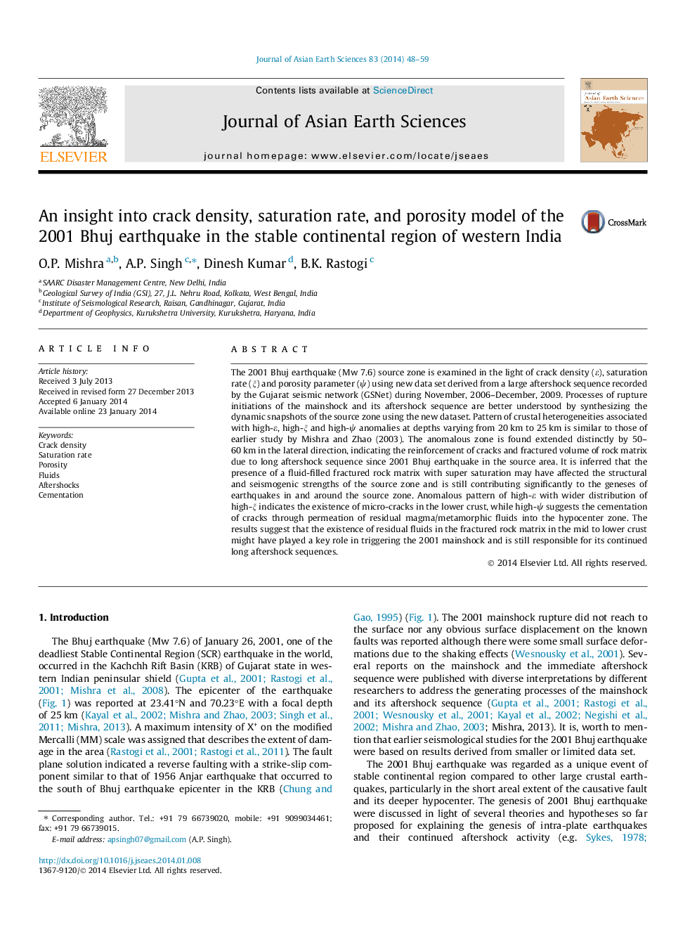 An insight into crack density, saturation rate, and porosity model of the 2001 Bhuj earthquake in the stable continental region of western India