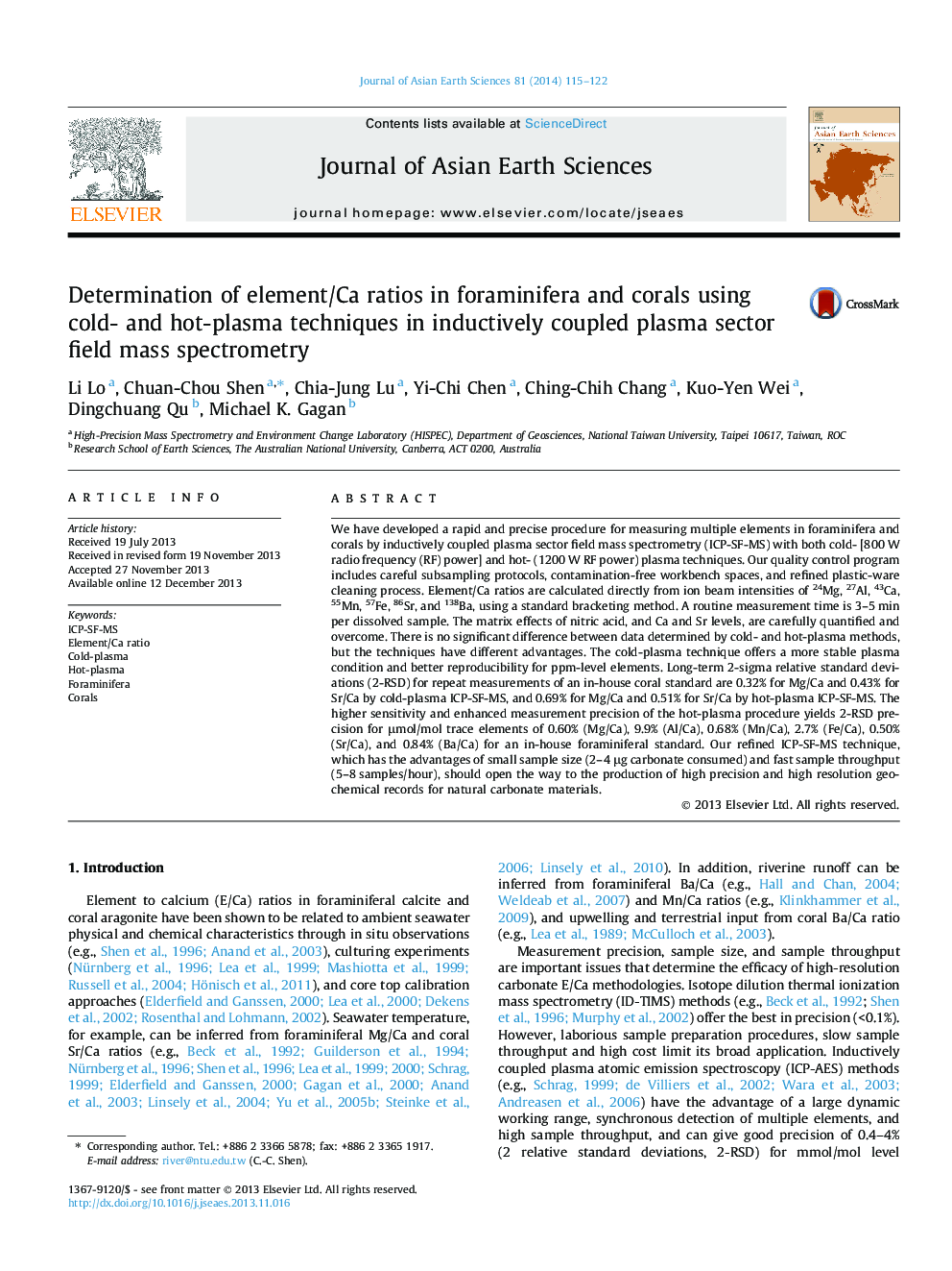 عکس صفحه اول مقاله: Determination of element/Ca ratios in foraminifera and corals using cold- and hot-plasma techniques in inductively coupled plasma sector field mass spectrometry Determination of element/Ca ratios in foraminifera and corals using cold- and hot-plasma techniques in inductively coupled plasma sector field mass spectrometry