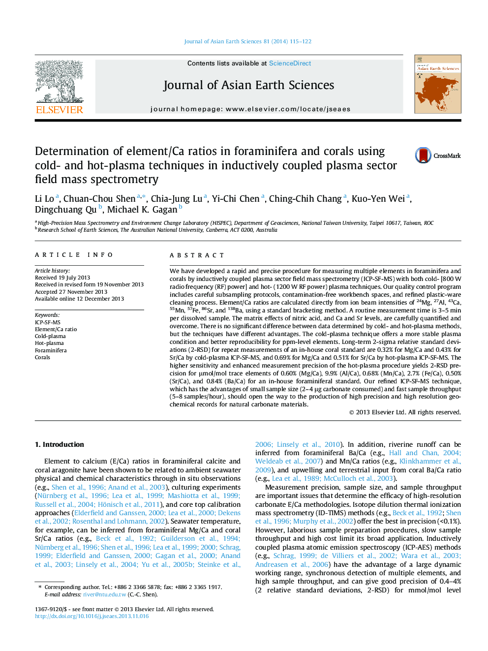 Determination of element/Ca ratios in foraminifera and corals using cold- and hot-plasma techniques in inductively coupled plasma sector field mass spectrometry