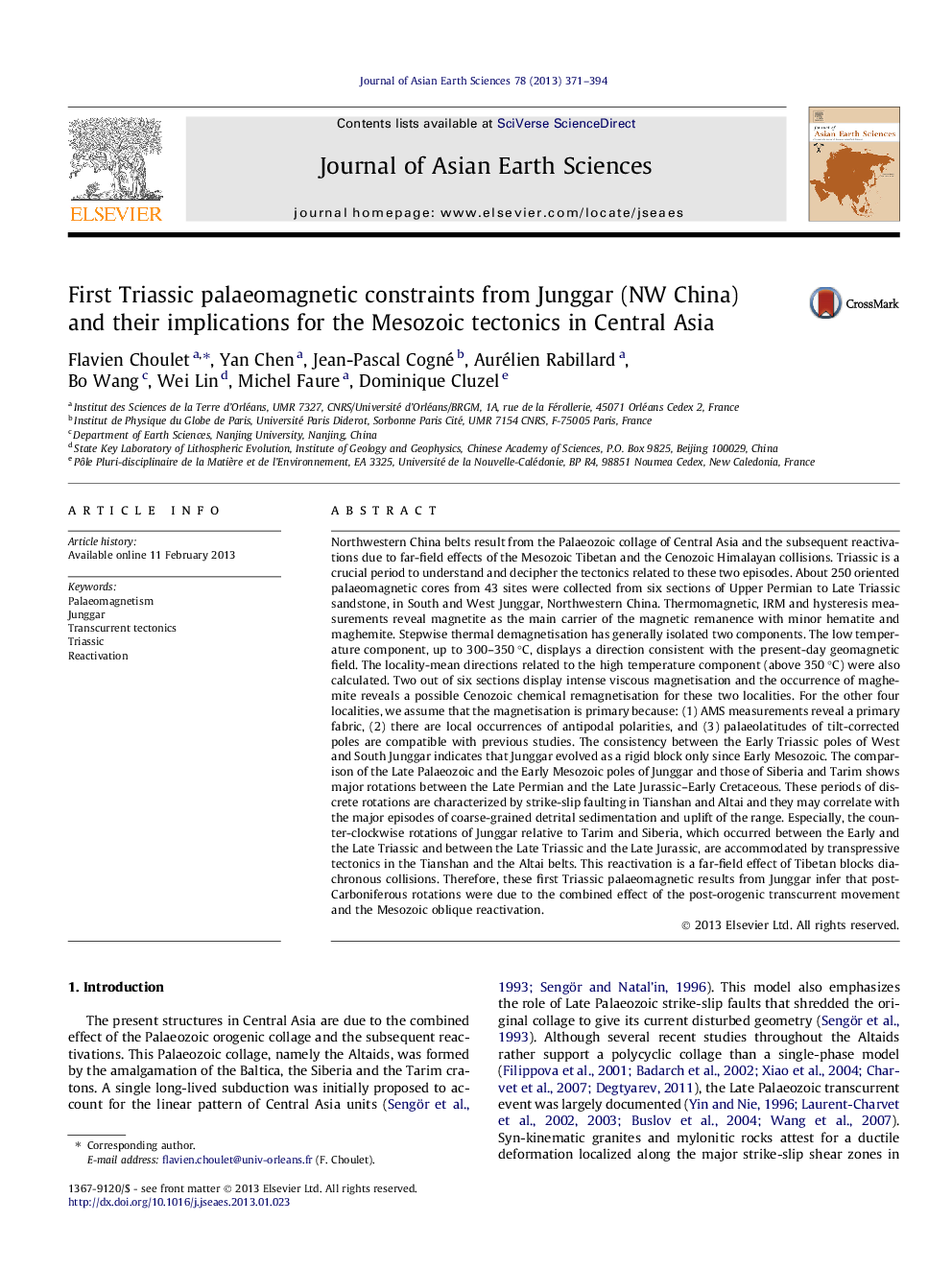 First Triassic palaeomagnetic constraints from Junggar (NW China) and their implications for the Mesozoic tectonics in Central Asia