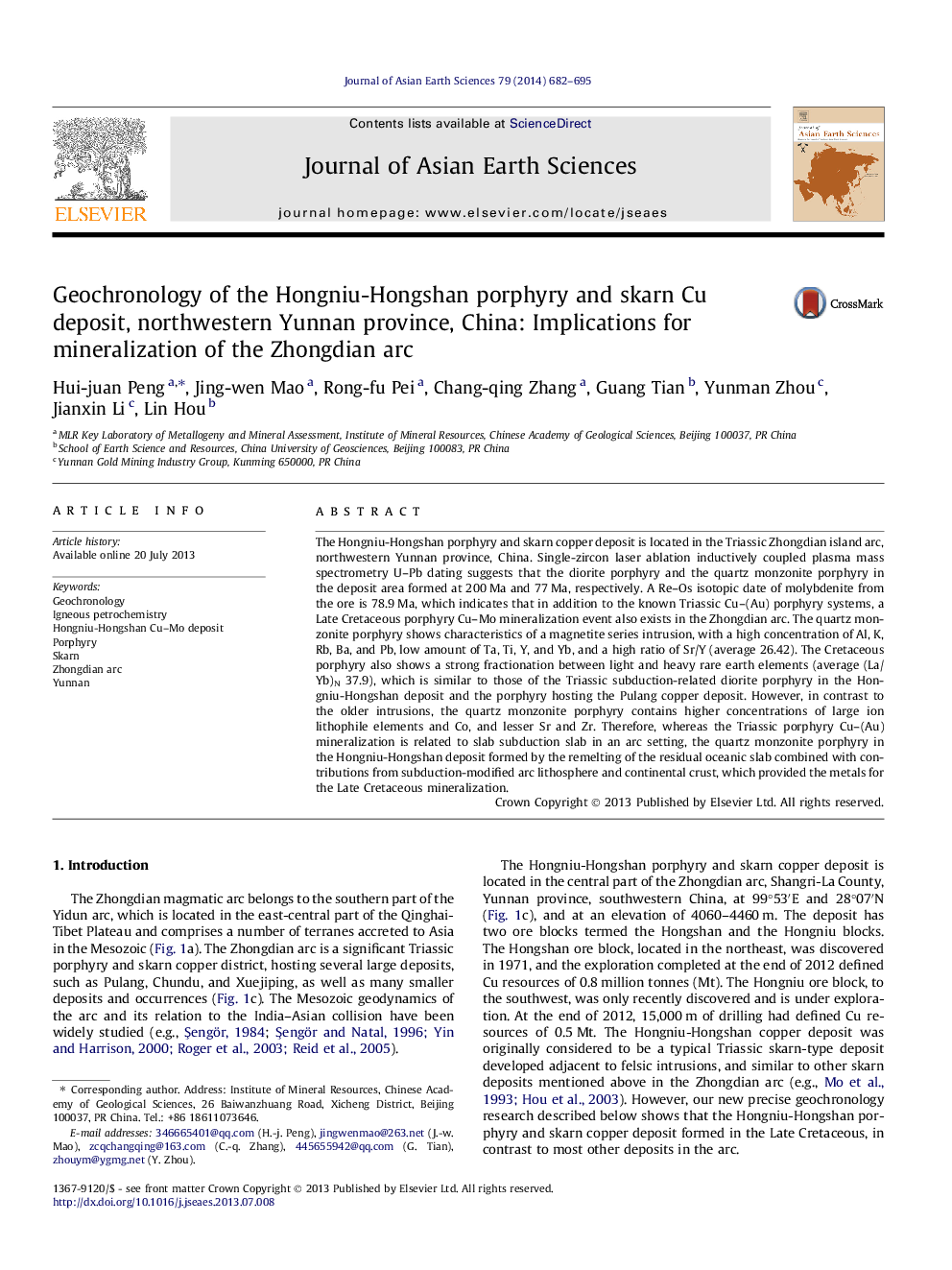 Geochronology of the Hongniu-Hongshan porphyry and skarn Cu deposit, northwestern Yunnan province, China: Implications for mineralization of the Zhongdian arc