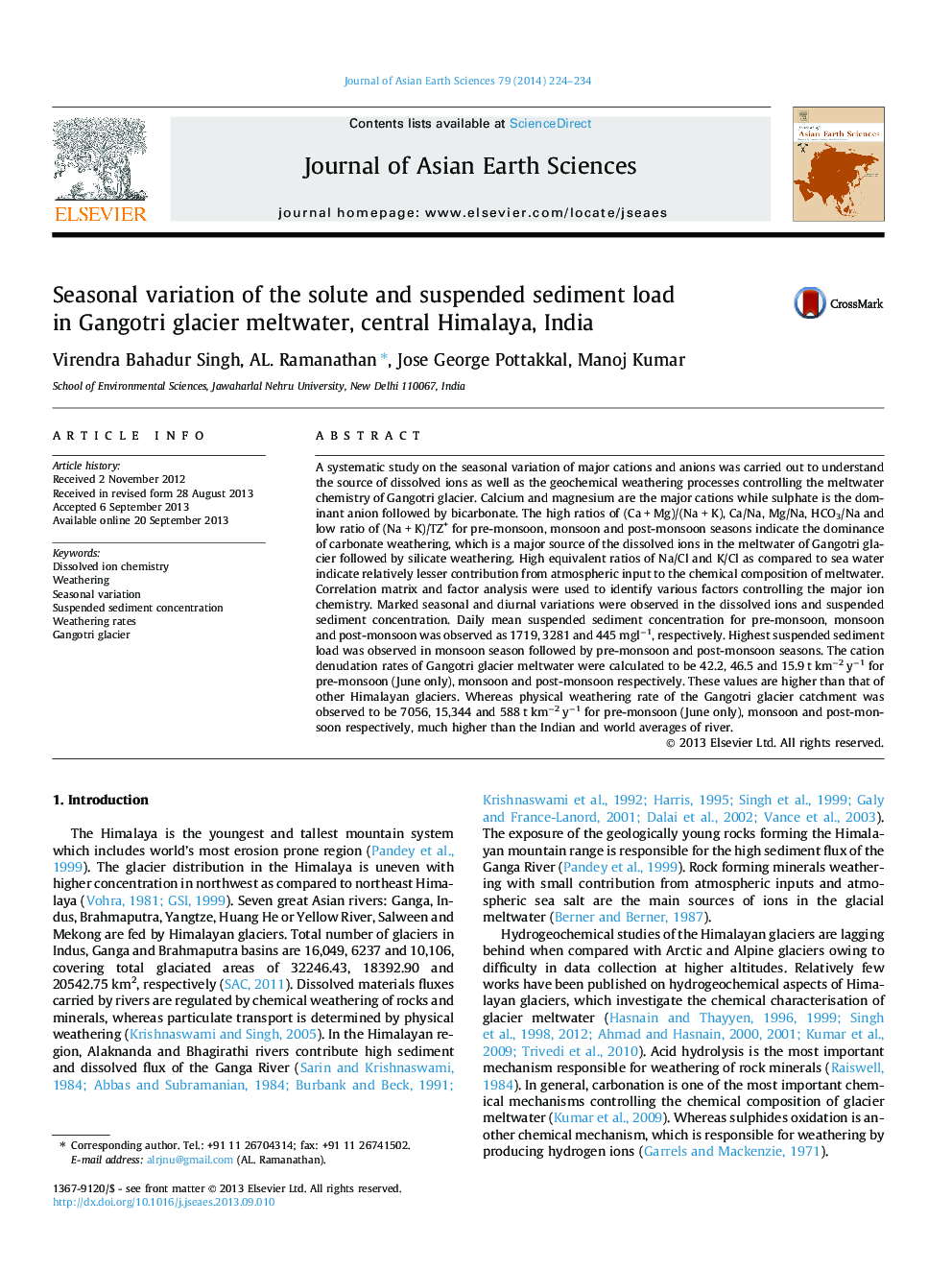 Seasonal variation of the solute and suspended sediment load in Gangotri glacier meltwater, central Himalaya, India