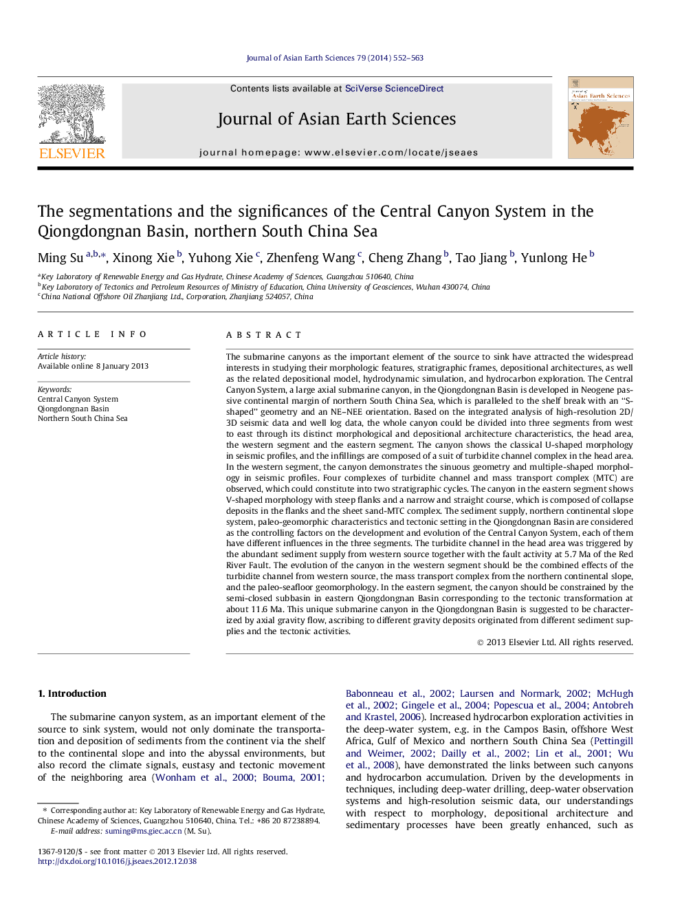 The segmentations and the significances of the Central Canyon System in the Qiongdongnan Basin, northern South China Sea