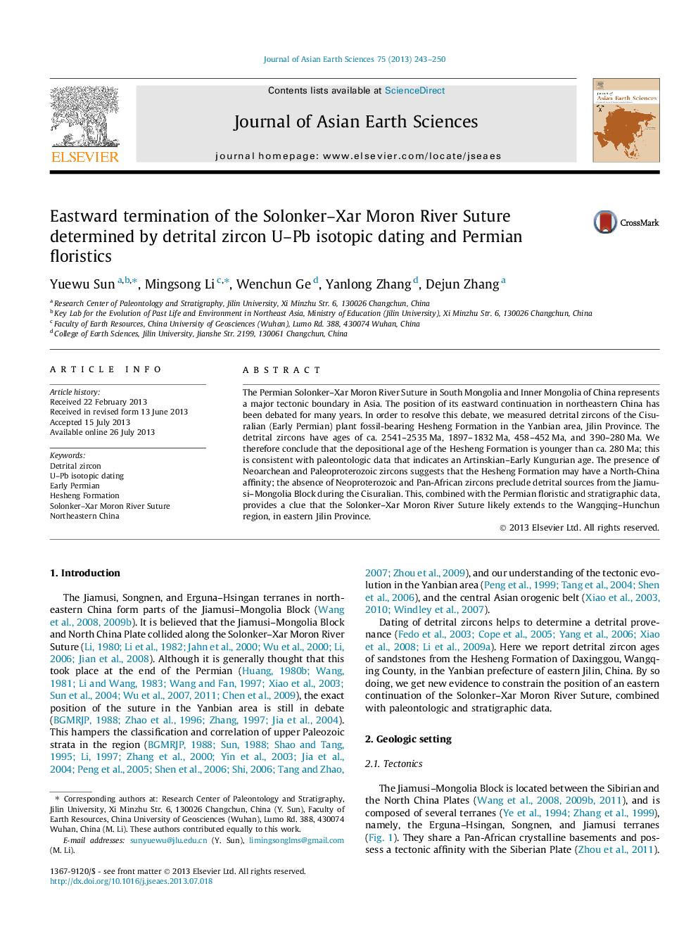 Eastward termination of the Solonker–Xar Moron River Suture determined by detrital zircon U–Pb isotopic dating and Permian floristics