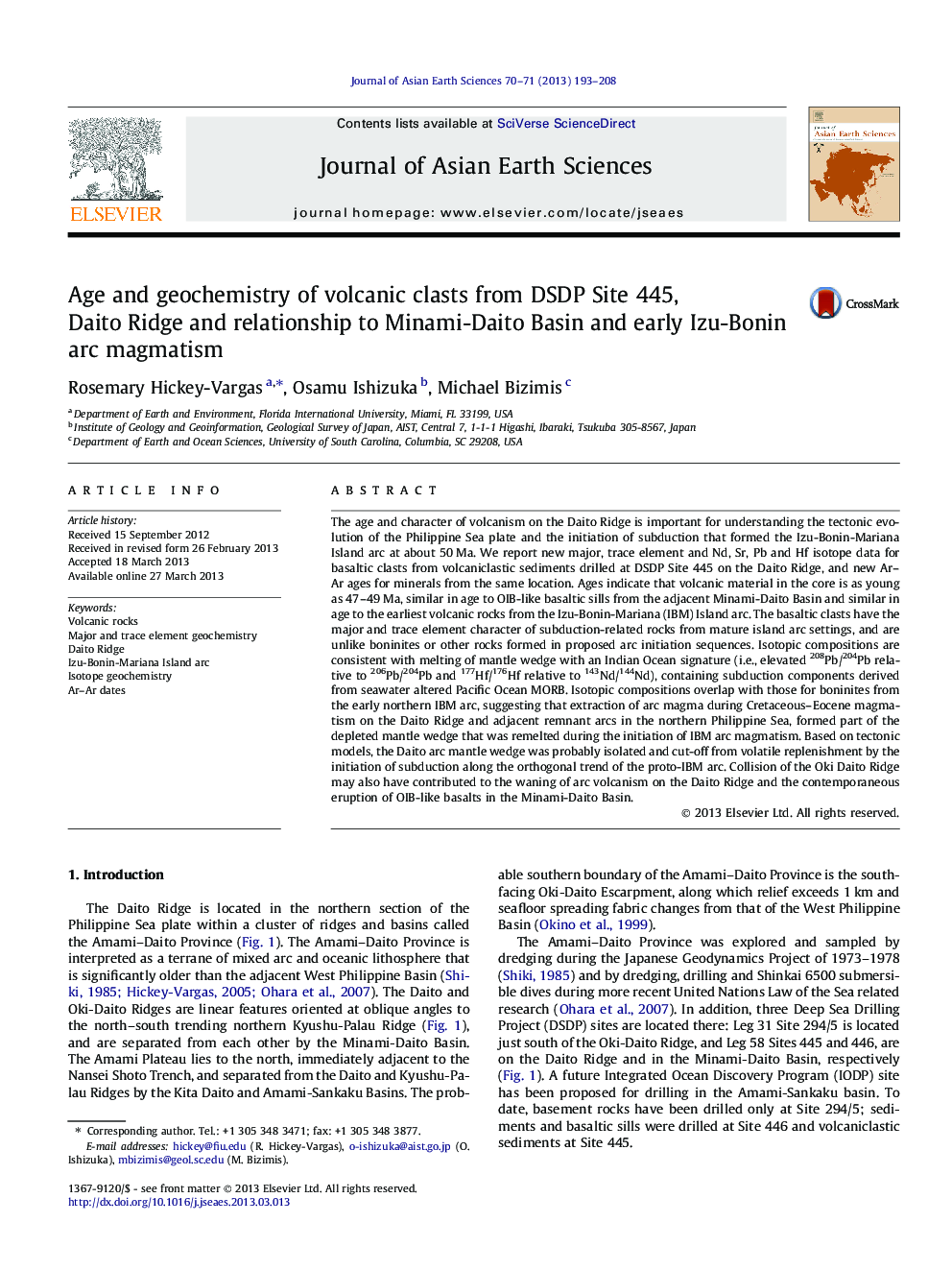 Age and geochemistry of volcanic clasts from DSDP Site 445, Daito Ridge and relationship to Minami-Daito Basin and early Izu-Bonin arc magmatism