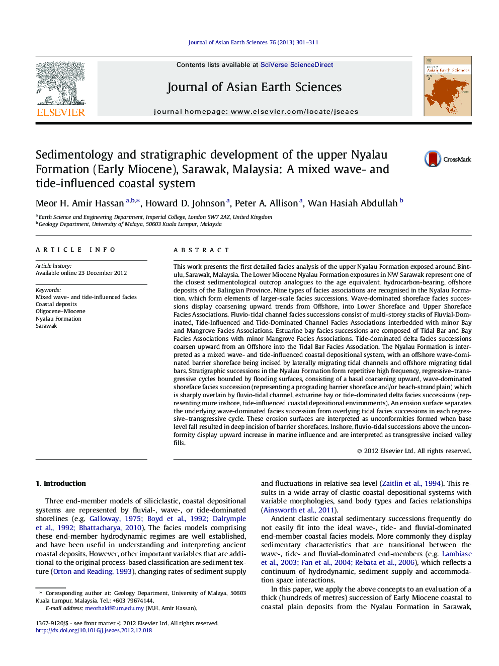 Sedimentology and stratigraphic development of the upper Nyalau Formation (Early Miocene), Sarawak, Malaysia: A mixed wave- and tide-influenced coastal system