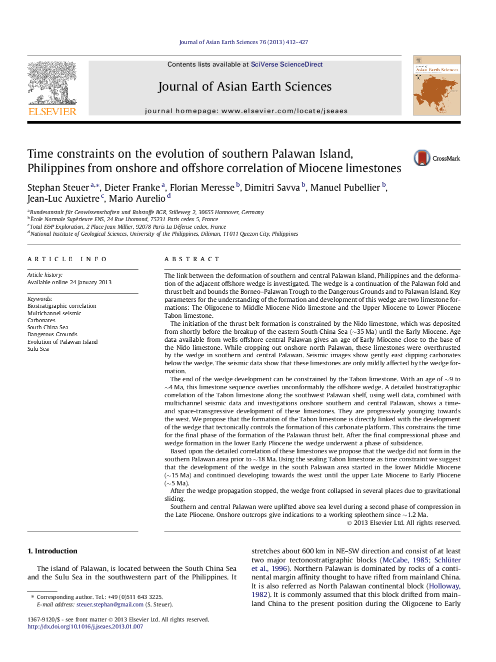 Time constraints on the evolution of southern Palawan Island, Philippines from onshore and offshore correlation of Miocene limestones