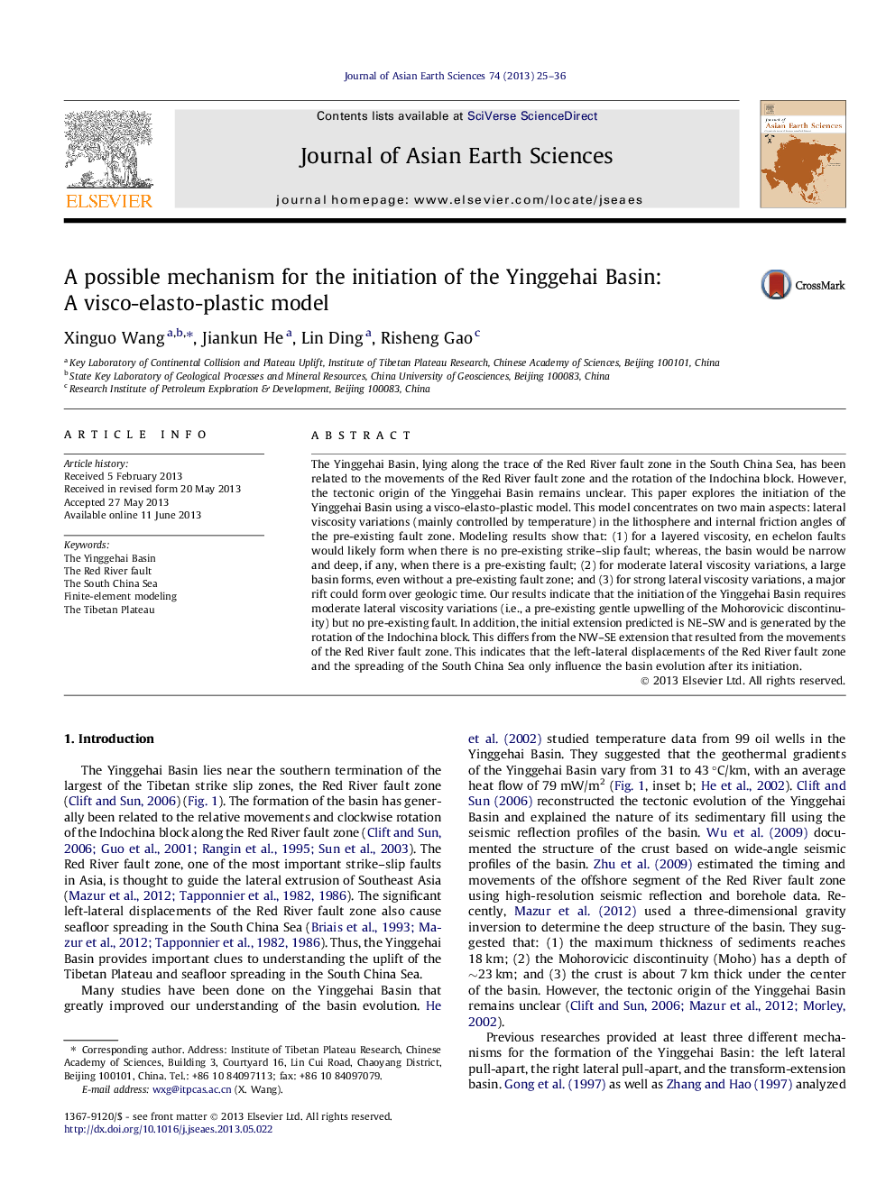 A possible mechanism for the initiation of the Yinggehai Basin: A visco-elasto-plastic model