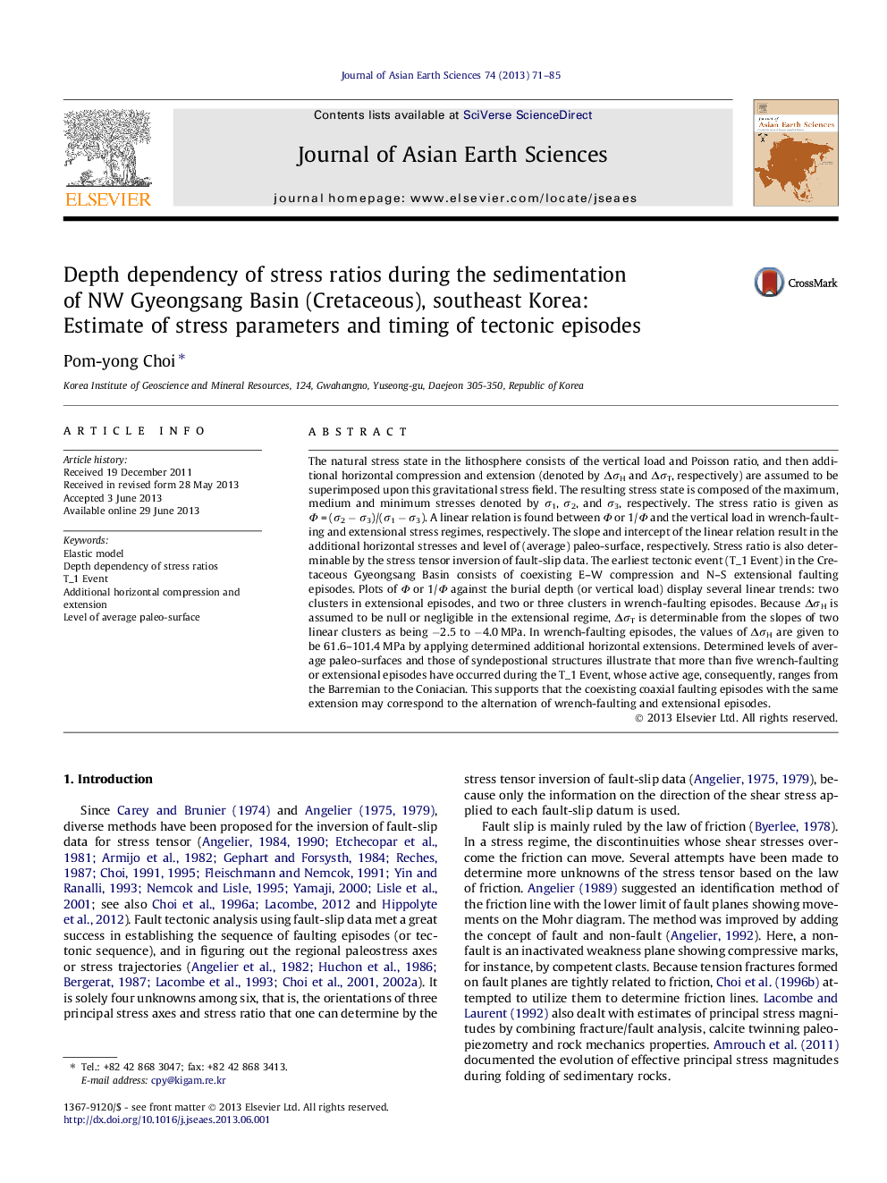 Depth dependency of stress ratios during the sedimentation of NW Gyeongsang Basin (Cretaceous), southeast Korea: Estimate of stress parameters and timing of tectonic episodes