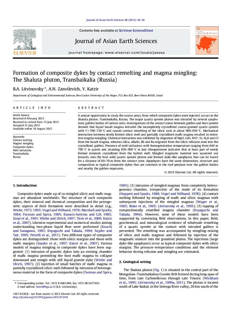 Formation of composite dykes by contact remelting and magma mingling: The Shaluta pluton, Transbaikalia (Russia)