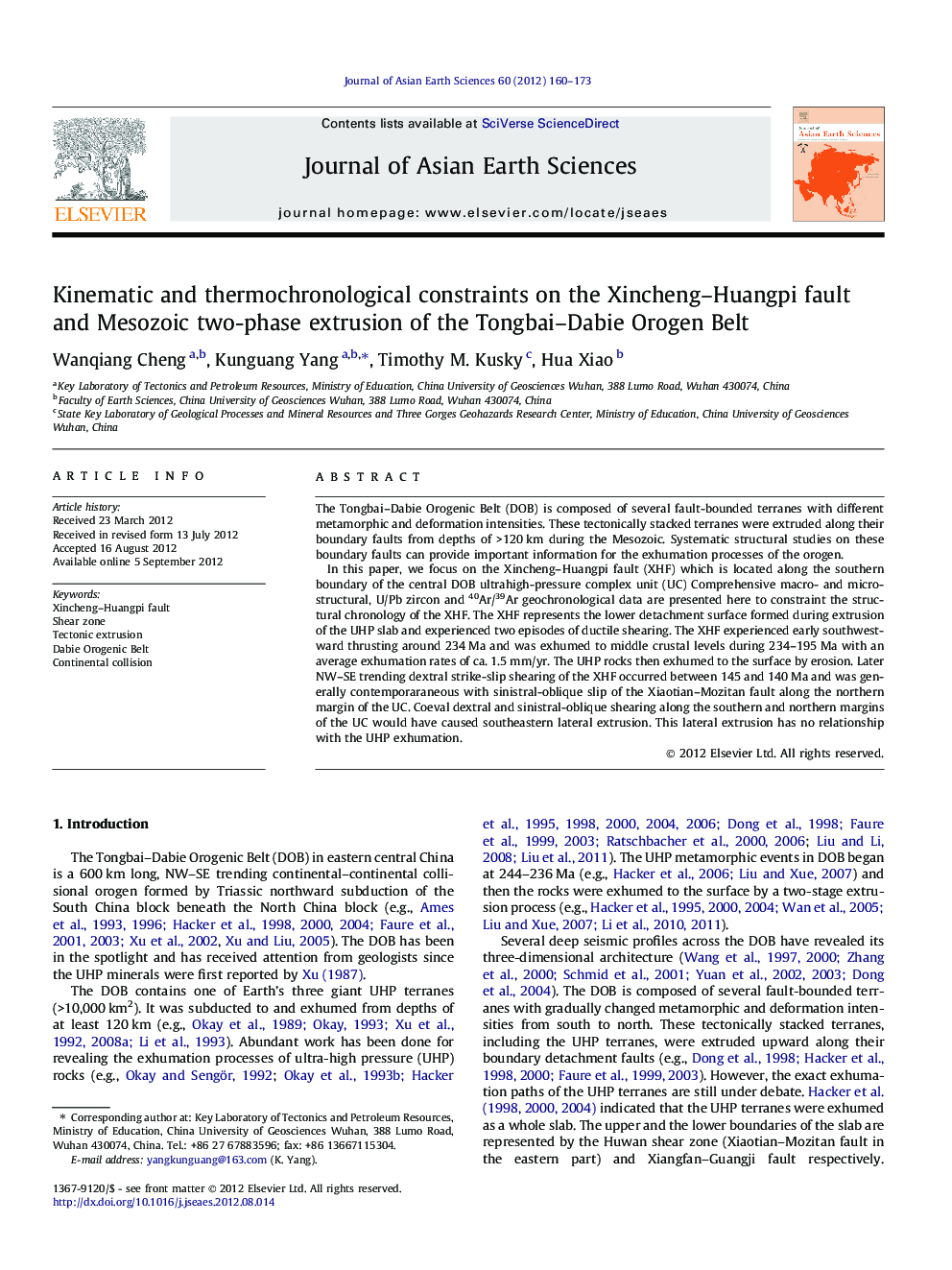 Kinematic and thermochronological constraints on the Xincheng–Huangpi fault and Mesozoic two-phase extrusion of the Tongbai–Dabie Orogen Belt