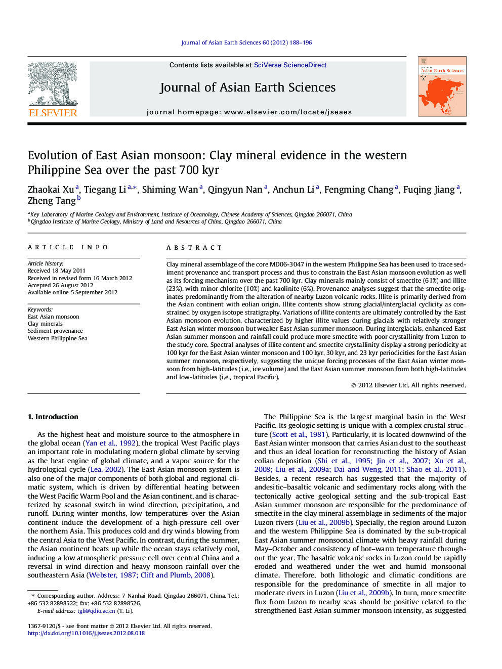 Evolution of East Asian monsoon: Clay mineral evidence in the western Philippine Sea over the past 700 kyr