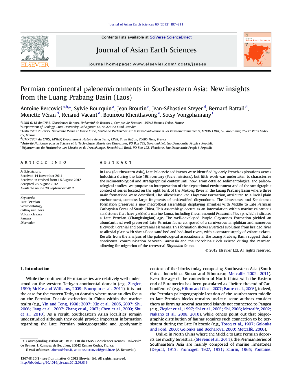 Permian continental paleoenvironments in Southeastern Asia: New insights from the Luang Prabang Basin (Laos)