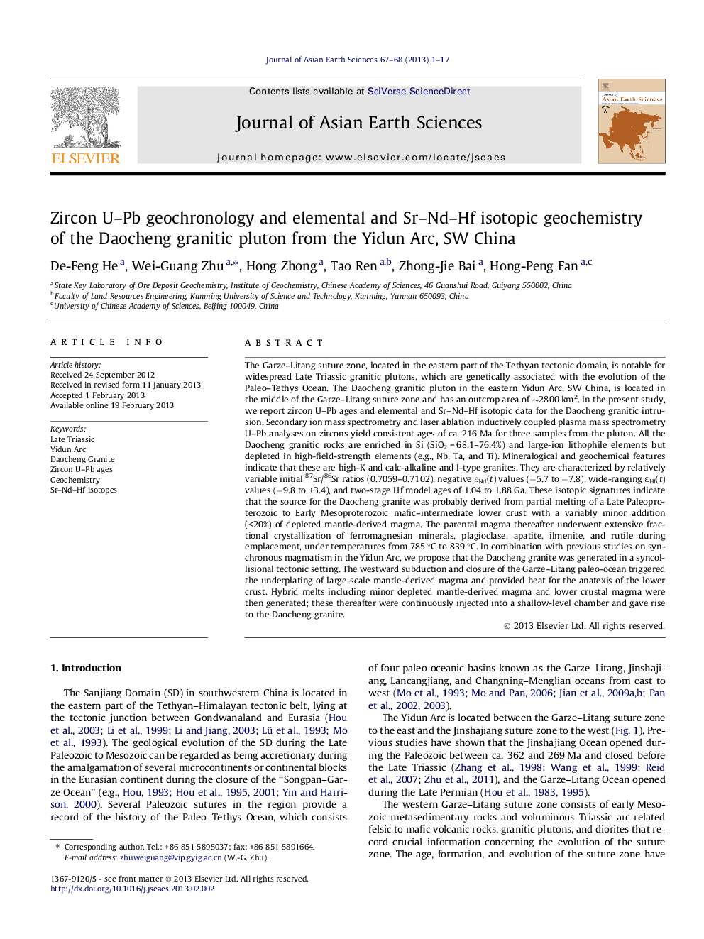 Zircon U–Pb geochronology and elemental and Sr–Nd–Hf isotopic geochemistry of the Daocheng granitic pluton from the Yidun Arc, SW China