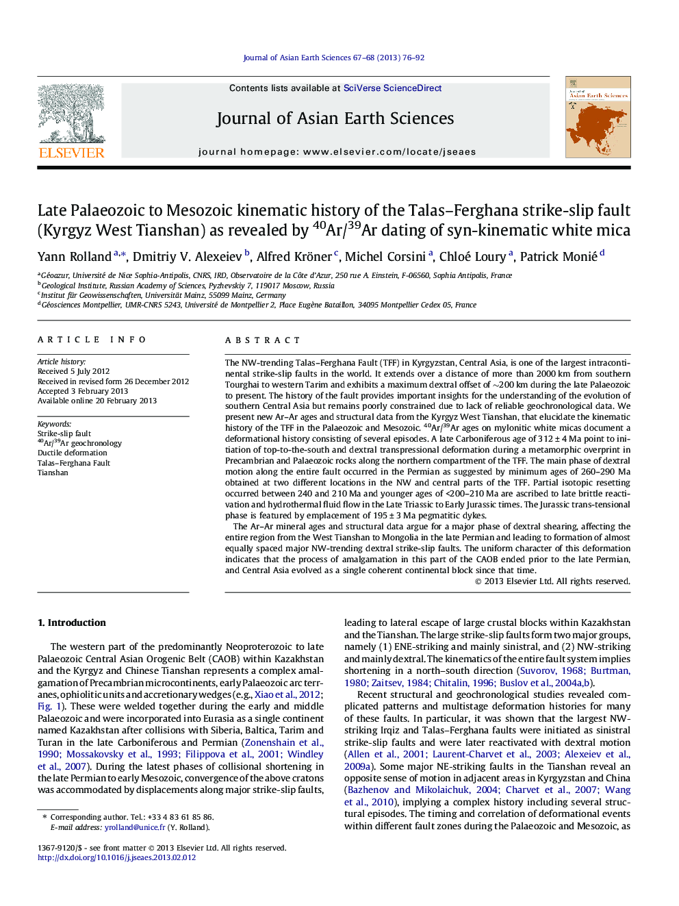 Late Palaeozoic to Mesozoic kinematic history of the Talas-Ferghana strike-slip fault (Kyrgyz West Tianshan) as revealed by 40Ar/39Ar dating of syn-kinematic white mica