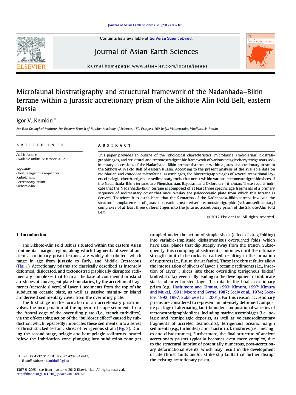 Microfaunal biostratigraphy and structural framework of the Nadanhada–Bikin terrane within a Jurassic accretionary prism of the Sikhote-Alin Fold Belt, eastern Russia