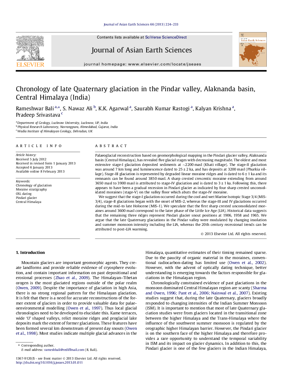 Chronology of late Quaternary glaciation in the Pindar valley, Alaknanda basin, Central Himalaya (India)