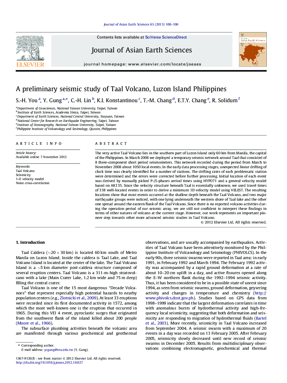 A preliminary seismic study of Taal Volcano, Luzon Island Philippines