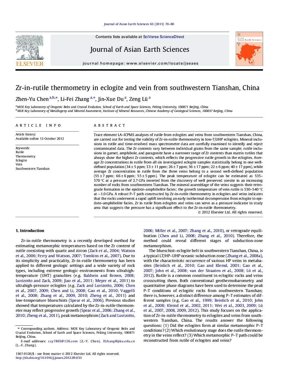 Zr-in-rutile thermometry in eclogite and vein from southwestern Tianshan, China