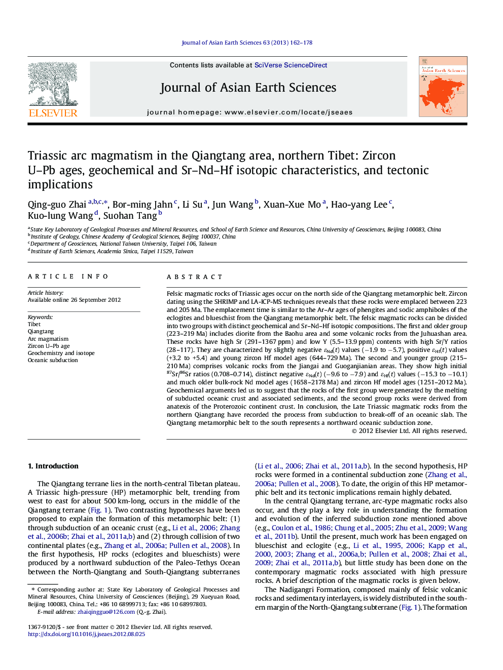 Triassic arc magmatism in the Qiangtang area, northern Tibet: Zircon U–Pb ages, geochemical and Sr–Nd–Hf isotopic characteristics, and tectonic implications