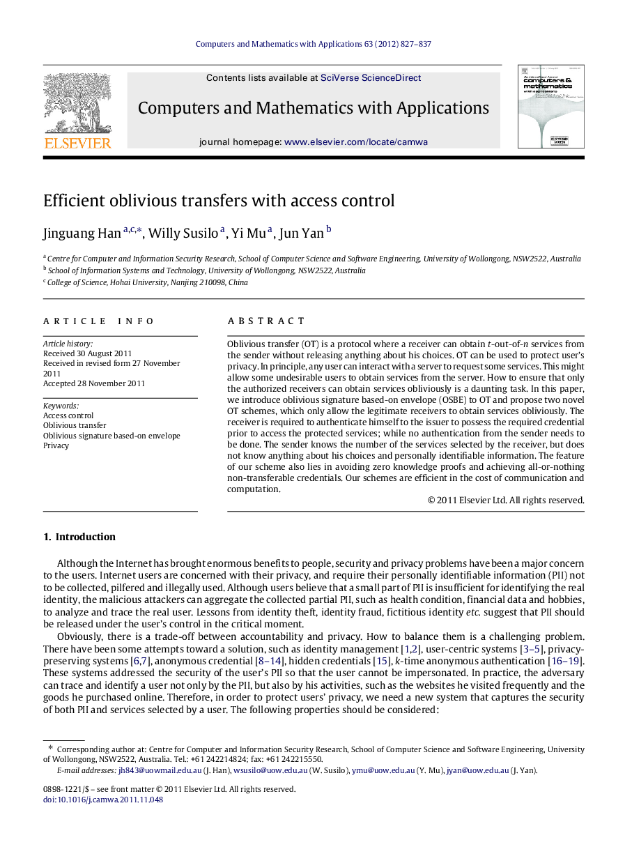 Efficient oblivious transfers with access control