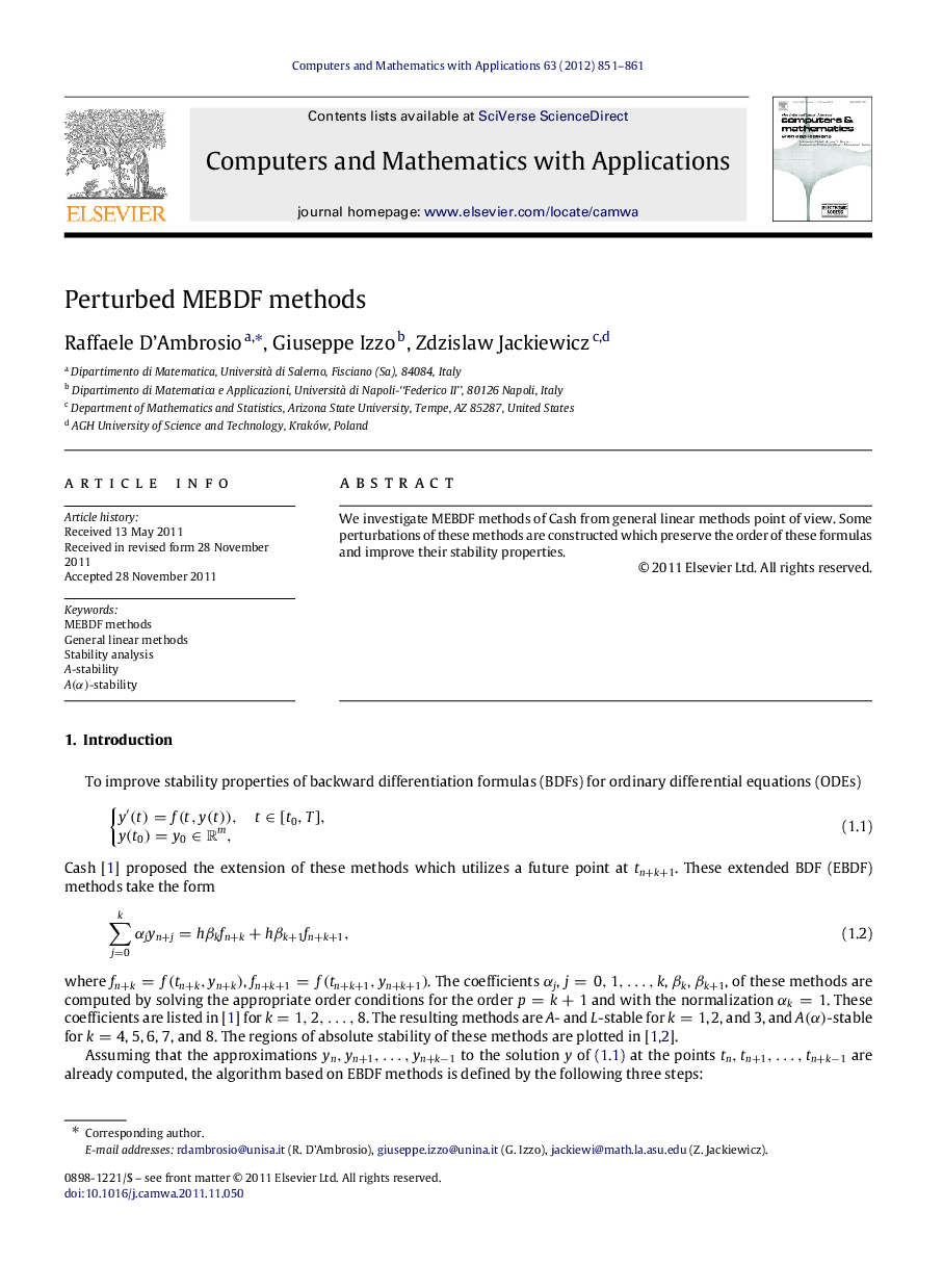 Perturbed MEBDF methods