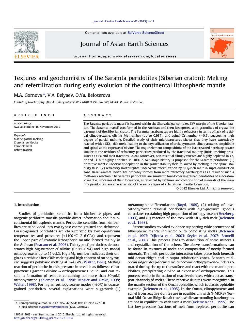 Textures and geochemistry of the Saramta peridotites (Siberian craton): Melting and refertilization during early evolution of the continental lithospheric mantle