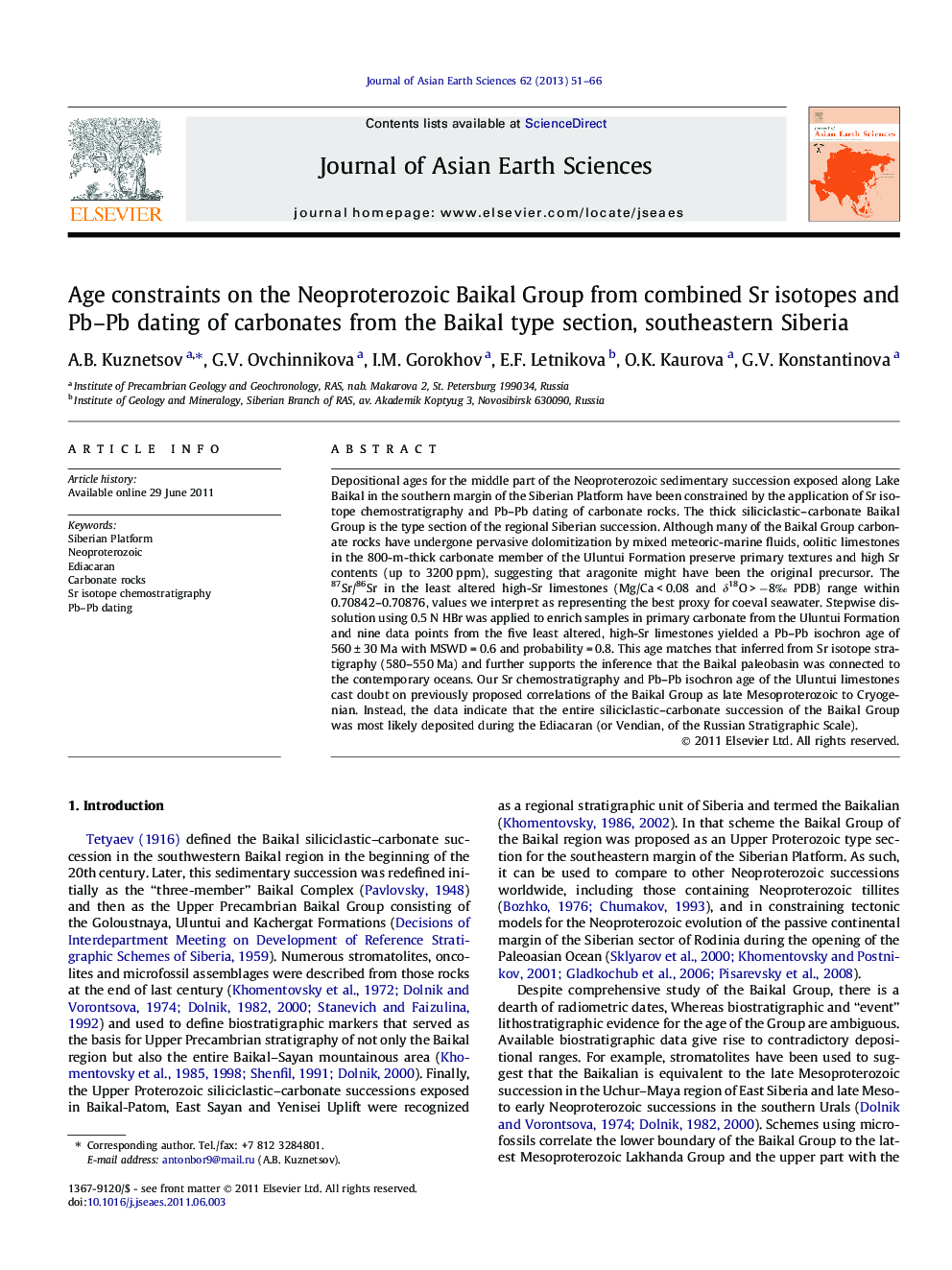 Age constraints on the Neoproterozoic Baikal Group from combined Sr isotopes and Pb–Pb dating of carbonates from the Baikal type section, southeastern Siberia